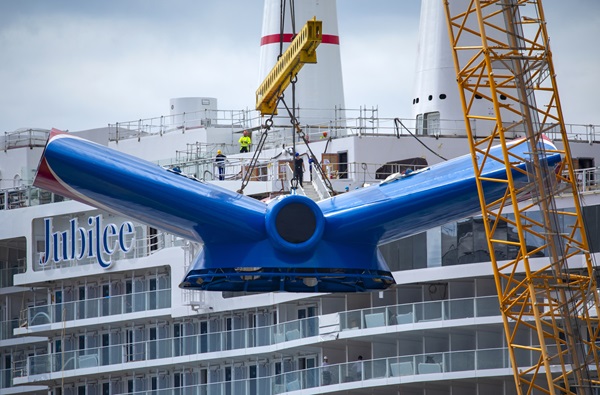 The winged funnel synonymous with the Carnival Cruise Line brand now adorns Carnival Jubilee